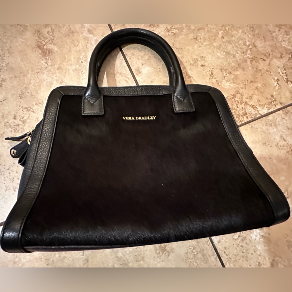 RARE~Vera Bradley Black Cowhide Leather Handbag - Picture 2 of 12